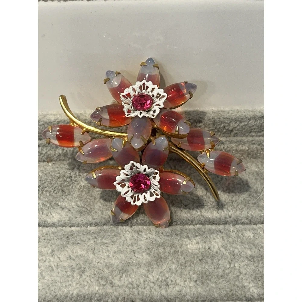 Pink Rhinestone Givre Molded Brooch Layered AB Flower Spray Prong- Juliana Style